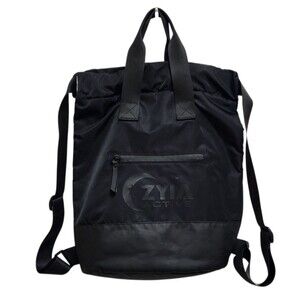 Zyia Active Vooray Cinch Backpack 16x14x6 Black Nylon Pockets Yoga Bucket Bag
